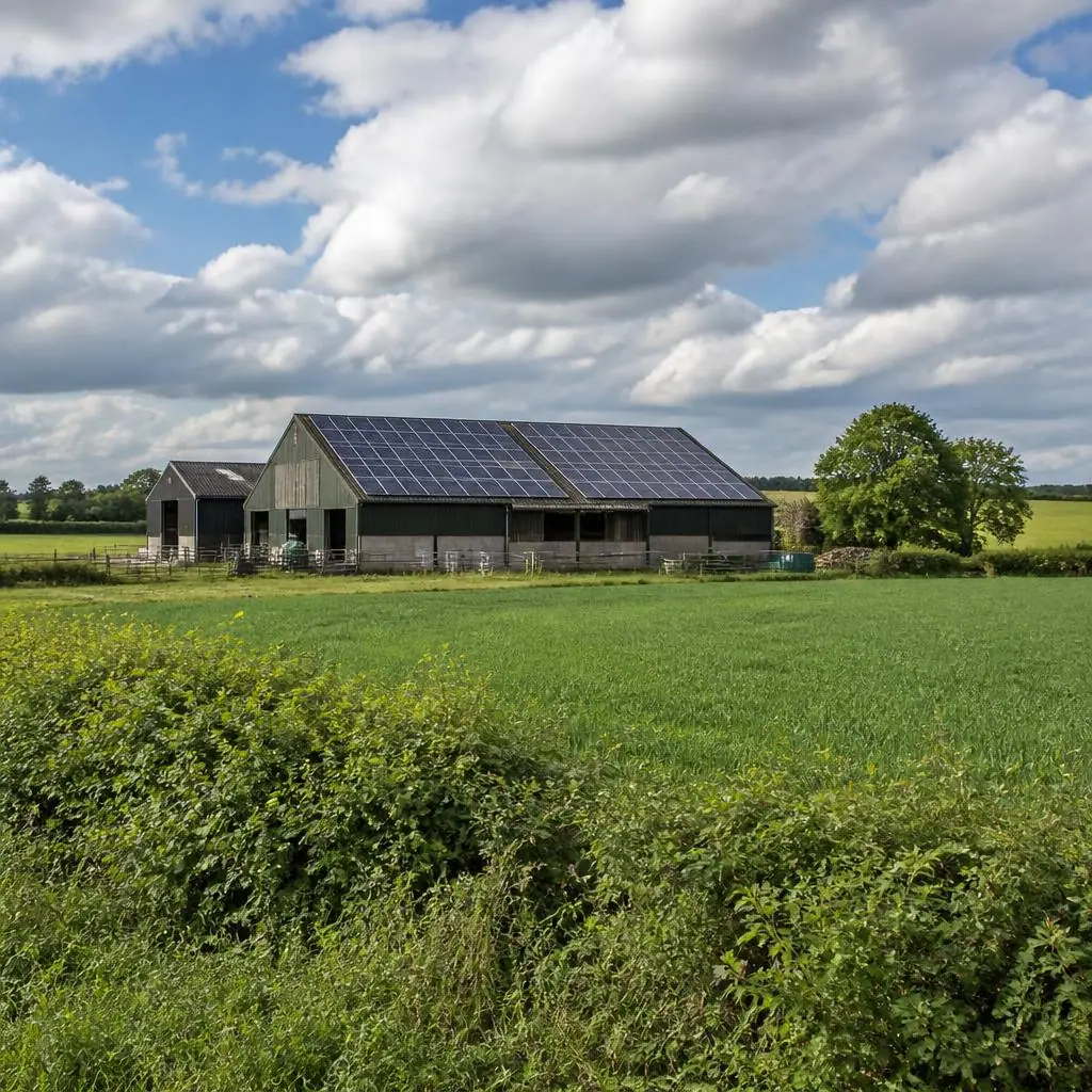 Solar panels on an agricultural barn beside open Lincolnshire fields