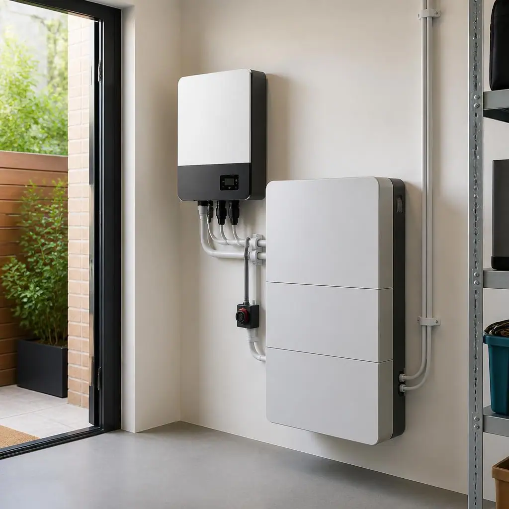 A solar battery and inverter installed neatly in a utility room