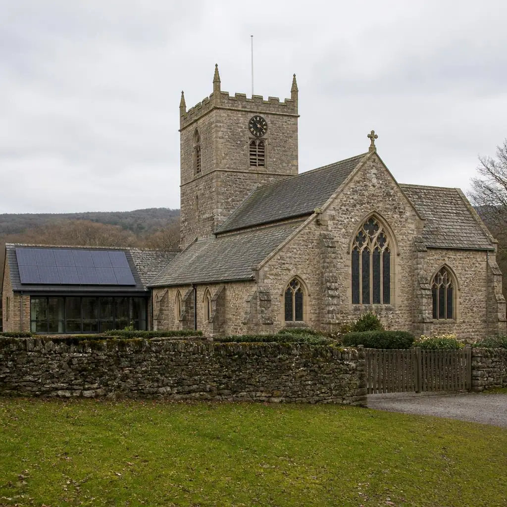 A historic English church with a discreet solar array on a roof plane