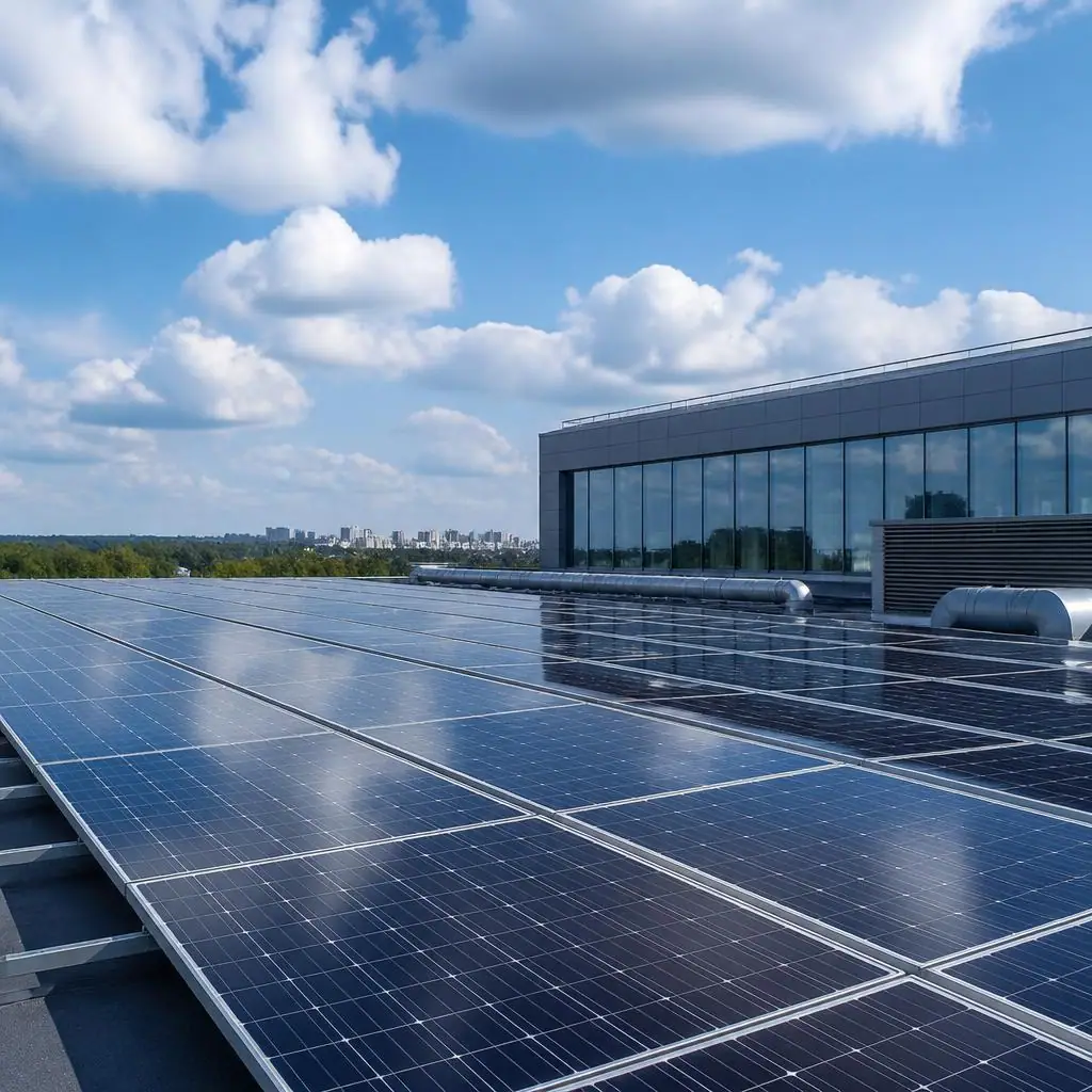 Solar panels arranged across a commercial building roof