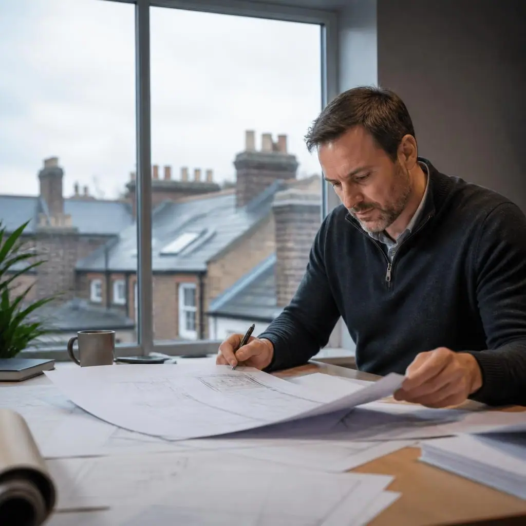 An energy specialist reviewing building plans beside a window