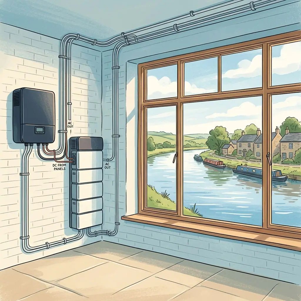 Illustration of a wall mounted inverter and stacked battery with labelled cabling beside a window overlooking a river with narrowboats