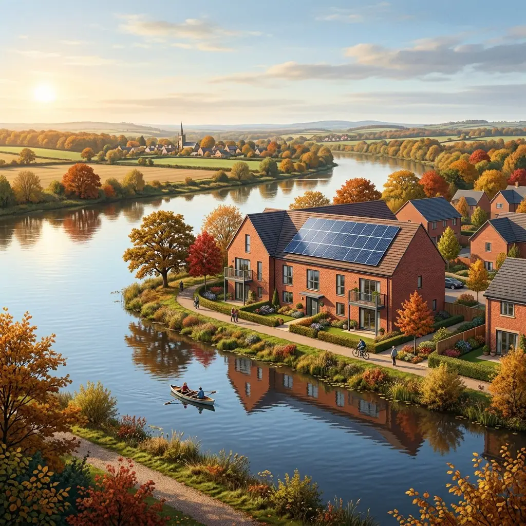 Illustration of a brick house with a solar array on its roof beside the river in autumn light, with a footpath and a rowing boat on the water