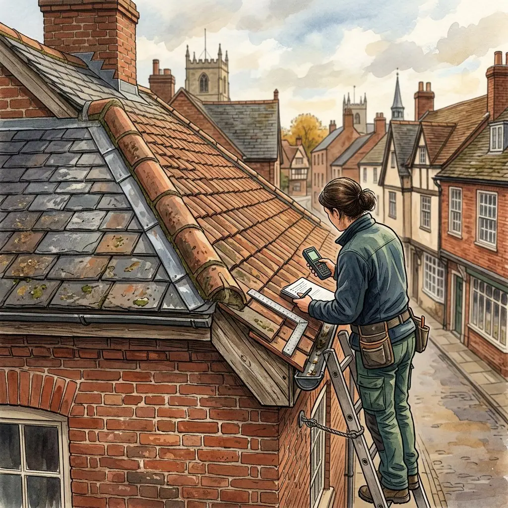 Illustration of an installer on a ladder assessing a mixed tile and slate roof above a narrow historic street with a church tower behind