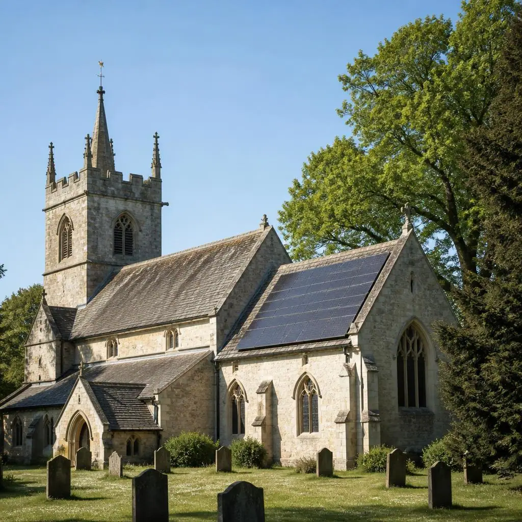 A stone church with solar panels on a suitable roof area