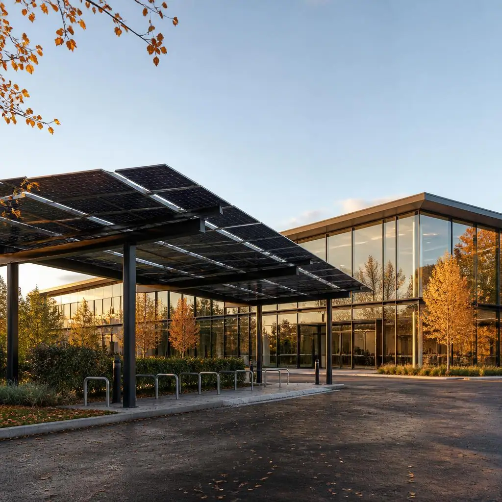 A solar canopy beside a contemporary commercial building