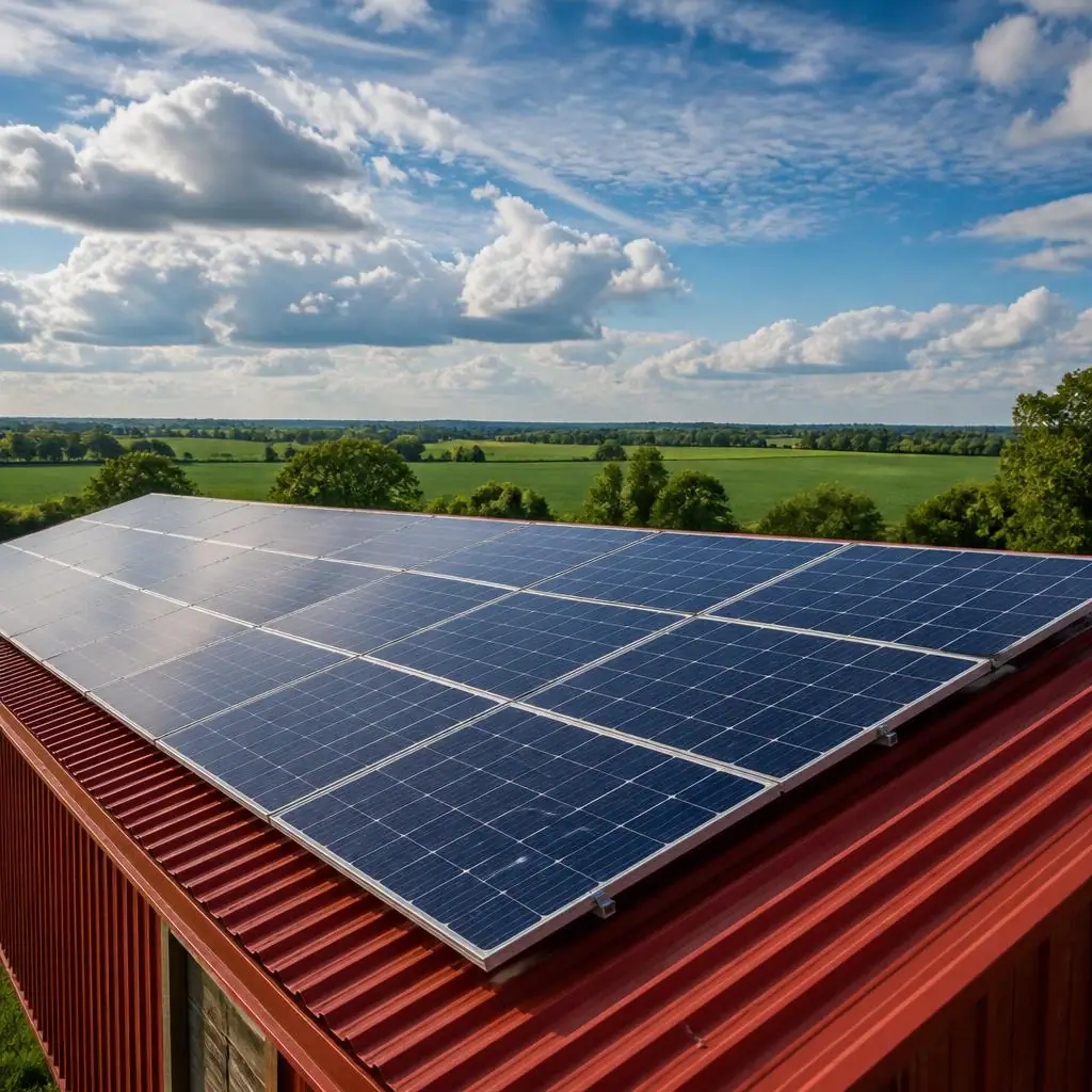 Solar panels on a barn roof in the Lincolnshire countryside