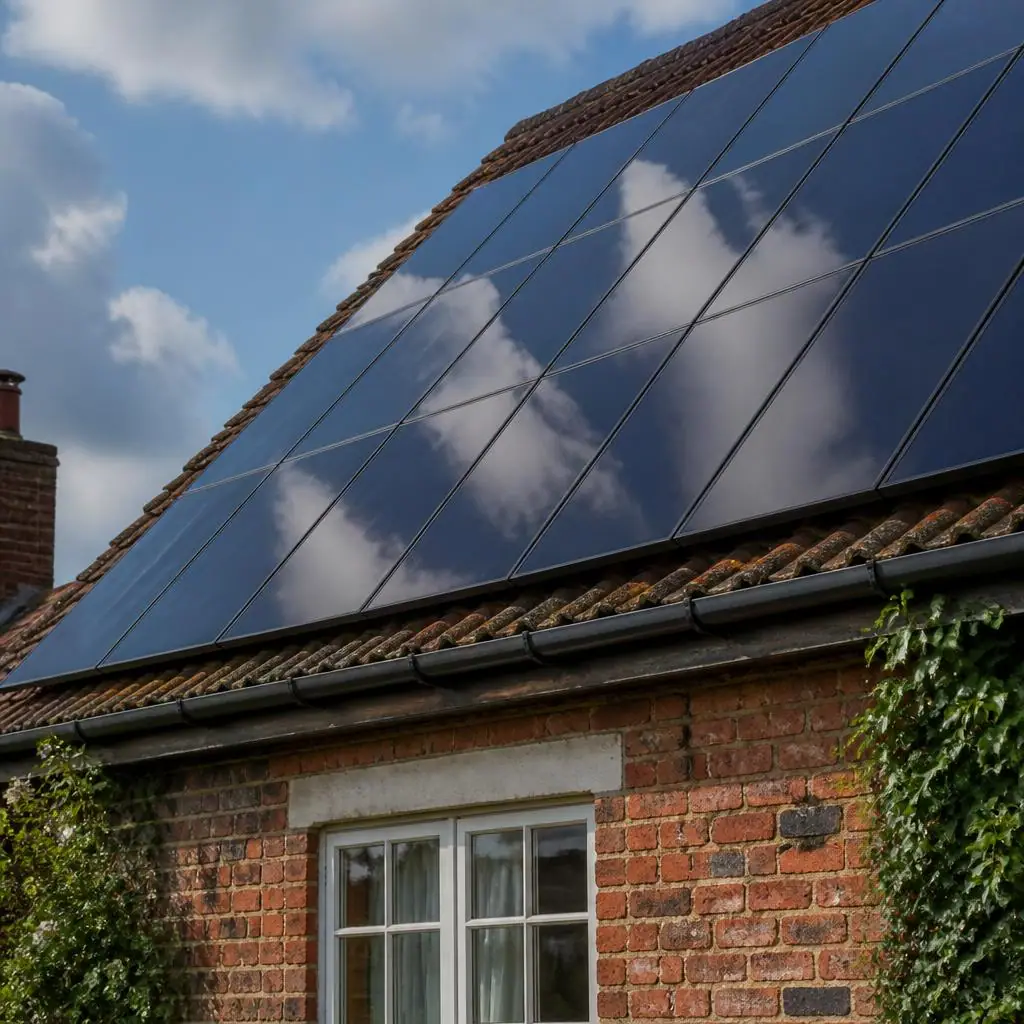 Dark solar panels against a traditional brick home roof