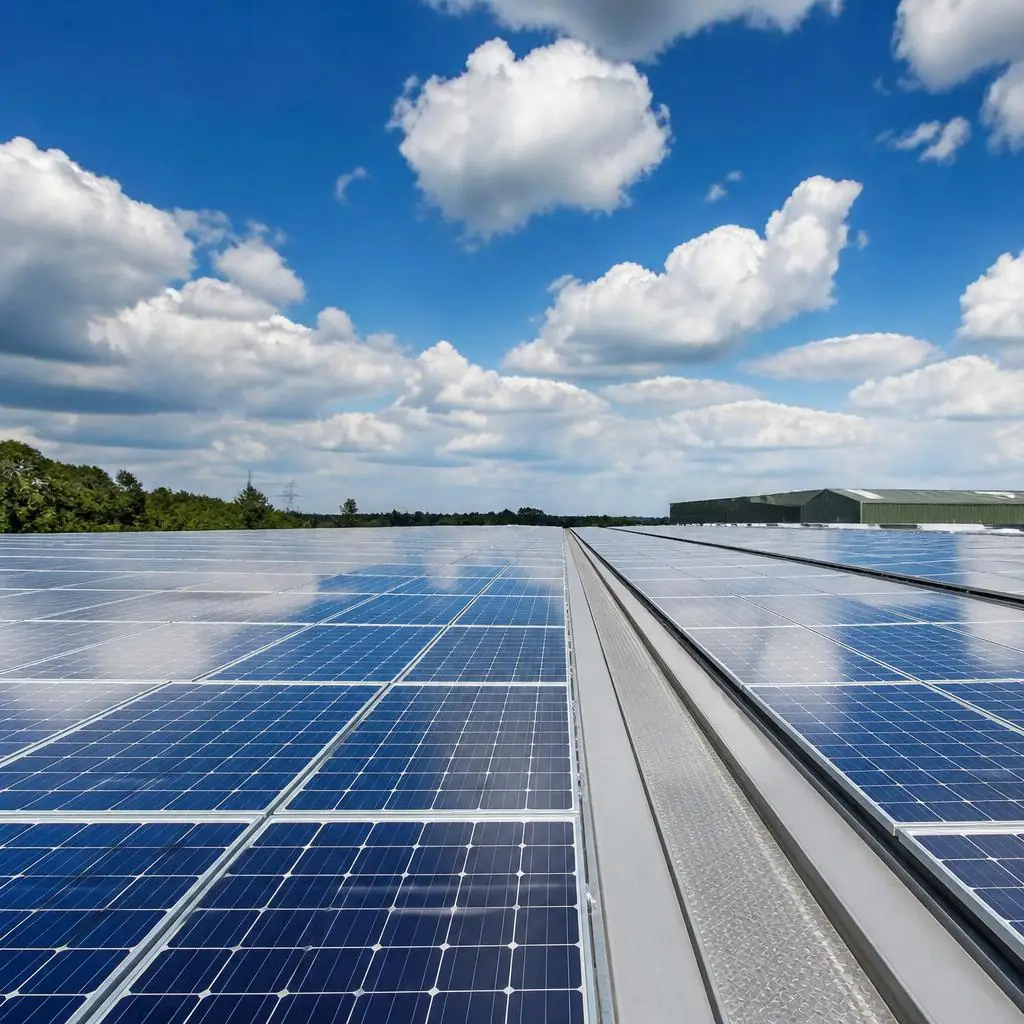Rows of solar panels across a wide warehouse roof