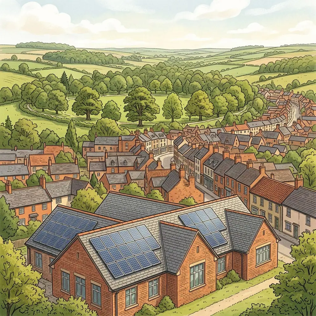 Illustration of a brick building with solar panels on pitched roofs in the foreground, above a town of terraced roofs and wooded rolling countryside
