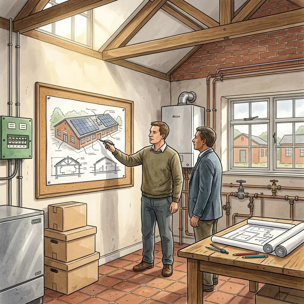 Illustration of two men in a plant room with exposed timber roof beams, one pointing at a drawing of a solar roof beside an electrical panel, boiler and pipework