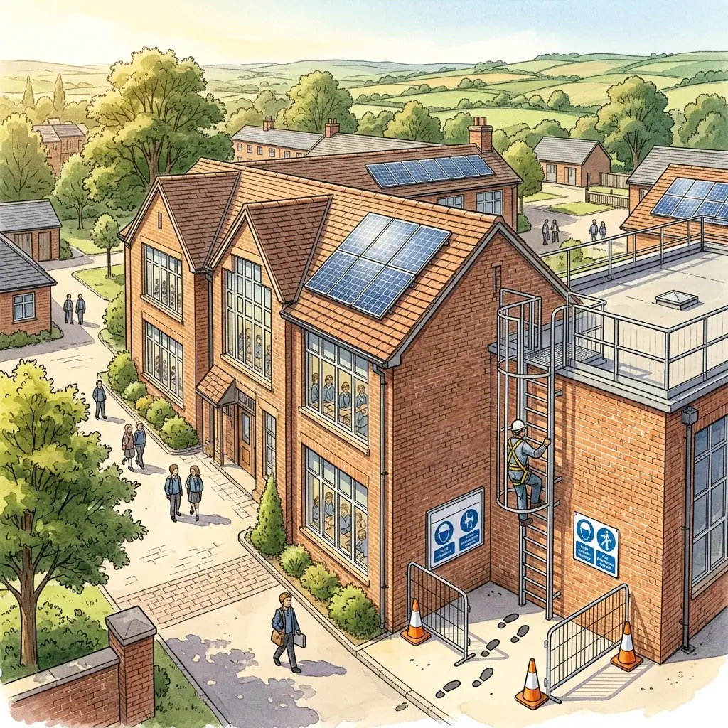 Illustration of a brick school with solar panels on a pitched roof, pupils walking nearby, and a fenced work area at the foot of a caged roof access ladder