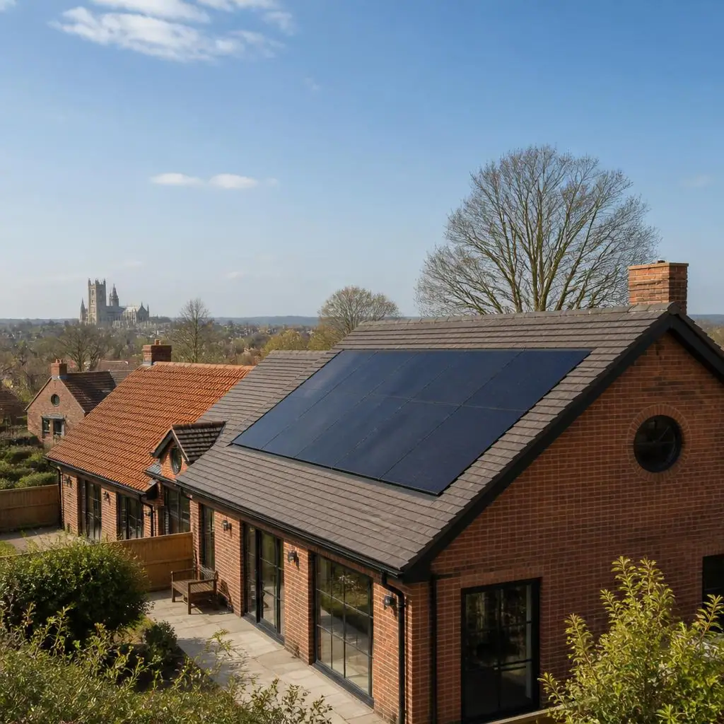Solar panels on a Lincolnshire home roof in clear spring light
