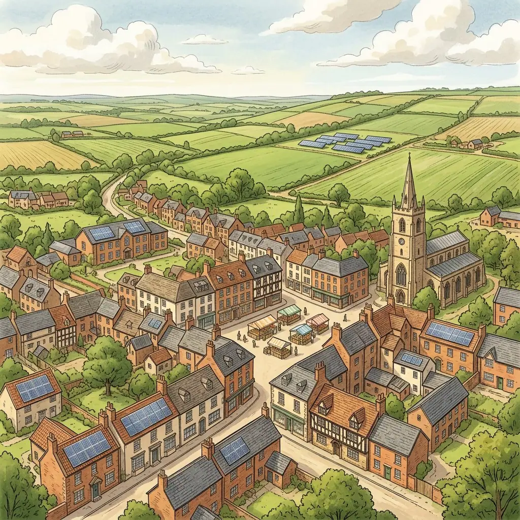 Illustration of a market town from above with brick and slate roofs carrying solar panels around a market square with stalls, a church with a spire and farmland beyond