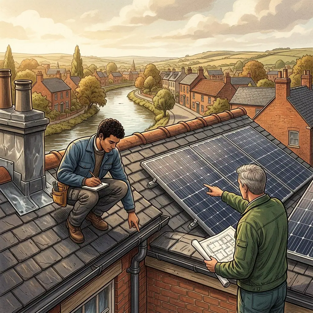 Illustration of two people on a slate roof beside a chimney and solar panels, one noting roof condition and the other holding plans, with a river and village behind