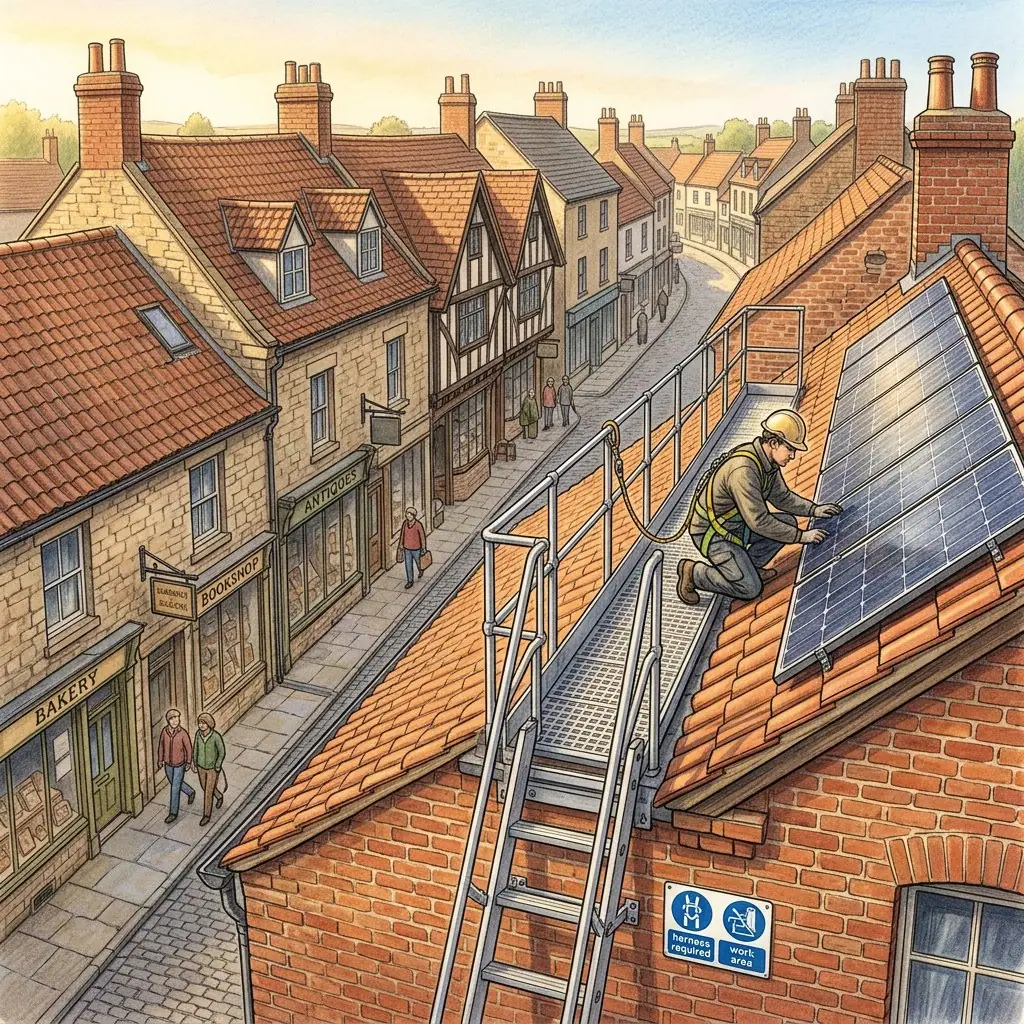 Illustration of a worker in a harness and hard hat fixing a solar panel on a tiled roof from a guarded walkway above a narrow street with shops