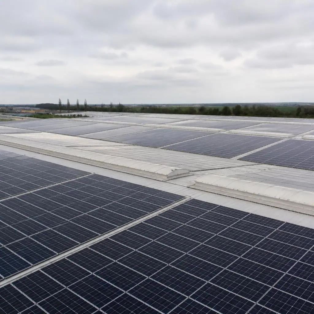 A broad industrial roof carrying rows of solar panels