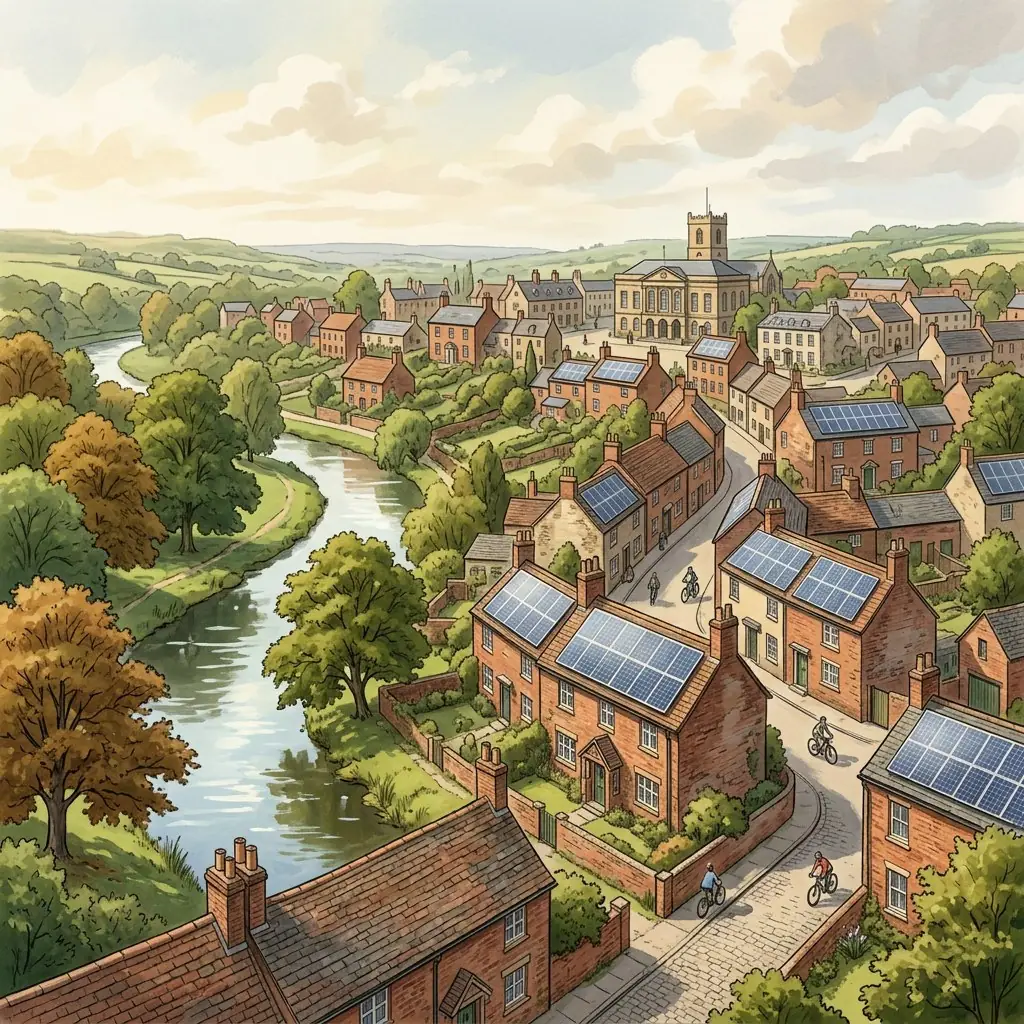 Illustration of a hillside town above a river with brick houses carrying solar panels, a church tower and civic building beyond, and cyclists on a cobbled lane