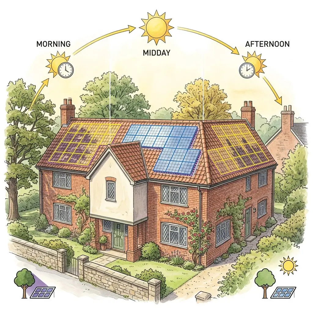 Illustration of a brick house with a solar array overlaid with shaded and clear zones for morning, midday and afternoon sun, with trees alongside