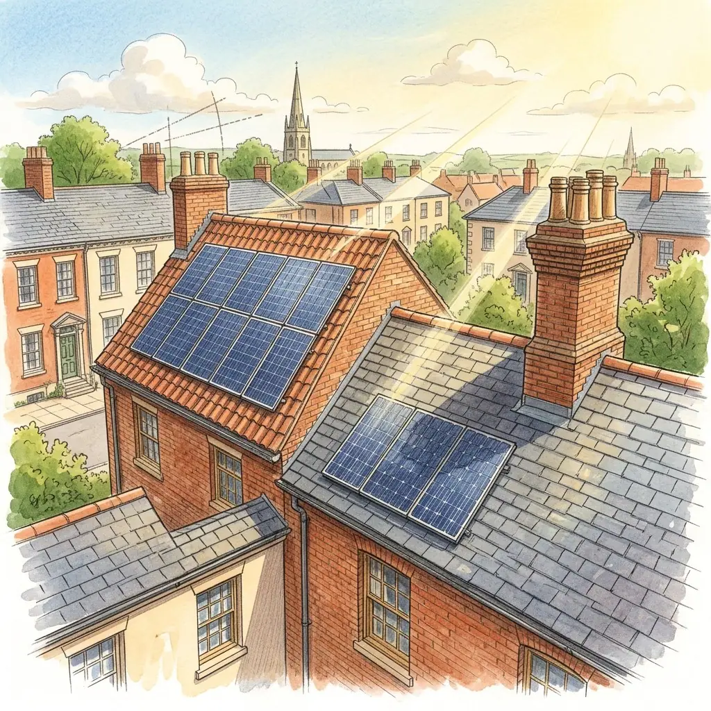 Illustration of tiled and slate roofs with solar panels, tall brick chimneys and a church spire in the distance, with sun rays crossing the rooftops