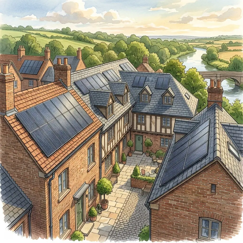 Illustration of clustered brick, tiled and slate roofs with solar panels beside a courtyard, with a river and a stone bridge in the distance