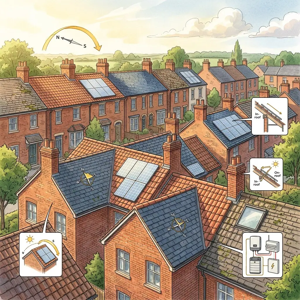 Illustration of terraced and detached brick roofs seen from above, with sun path and compass markings on the slopes and small inset diagrams of panel mounting