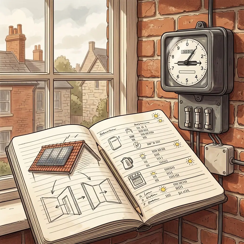 Illustration of an analogue electricity meter and fuse box on a brick wall beside a window, with an open notebook showing a roof sketch and appliance usage notes