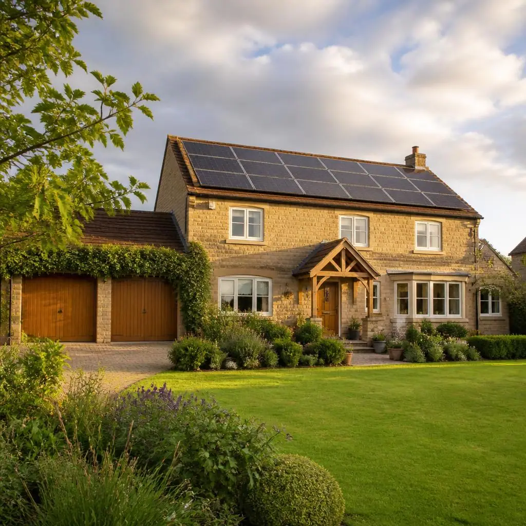 Solar panels on a modern detached home in daylight