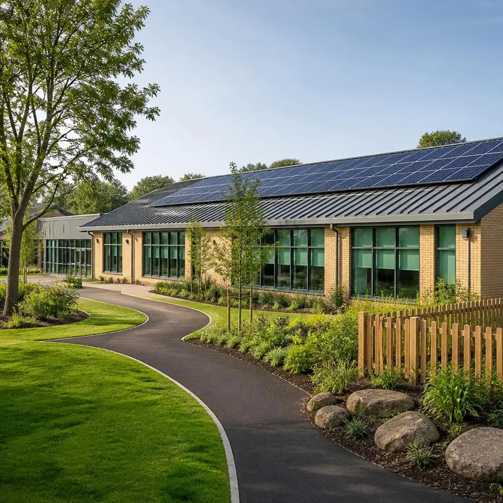 Solar panels on the roof of a British school building