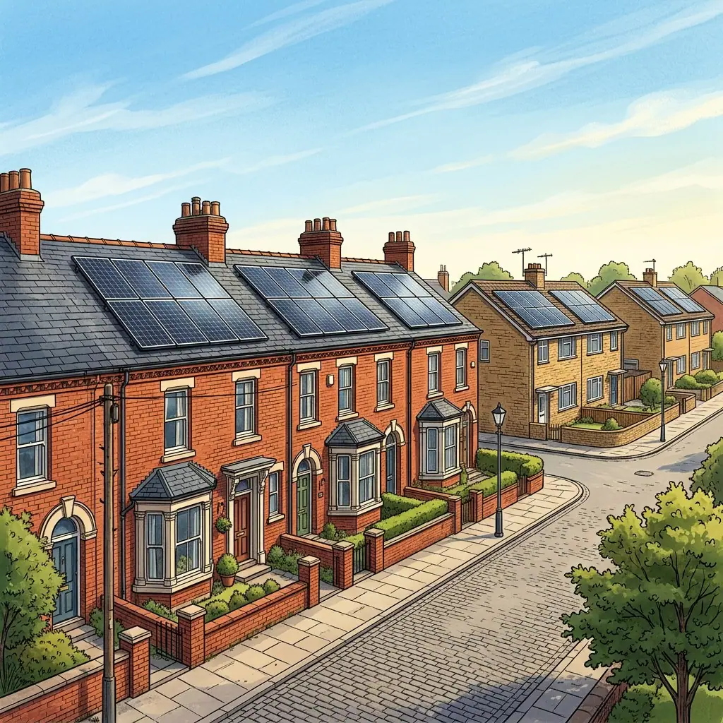 Illustration of a terrace of red brick Edwardian houses with solar panels on a slate roof beside buff brick homes on a curving street