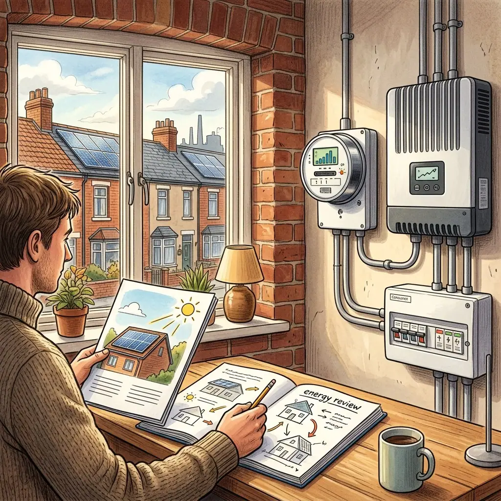 Illustration of a man at a desk reviewing an energy plan beside a window facing terraced houses, with a smart meter, inverter and consumer unit on the wall