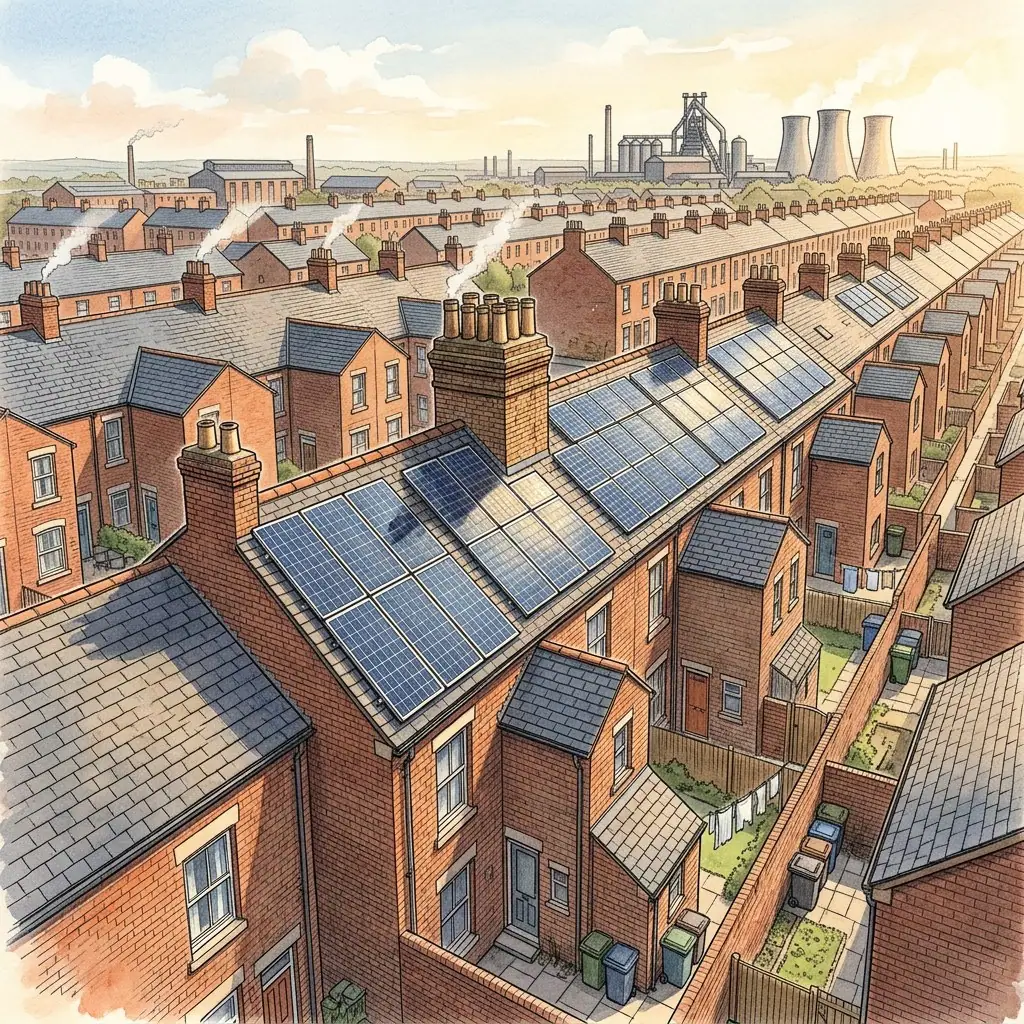 Illustration of long rows of brick terraced houses seen from above, with solar panels on some roofs, rear yards and bins, and industrial chimneys and cooling towers on the horizon