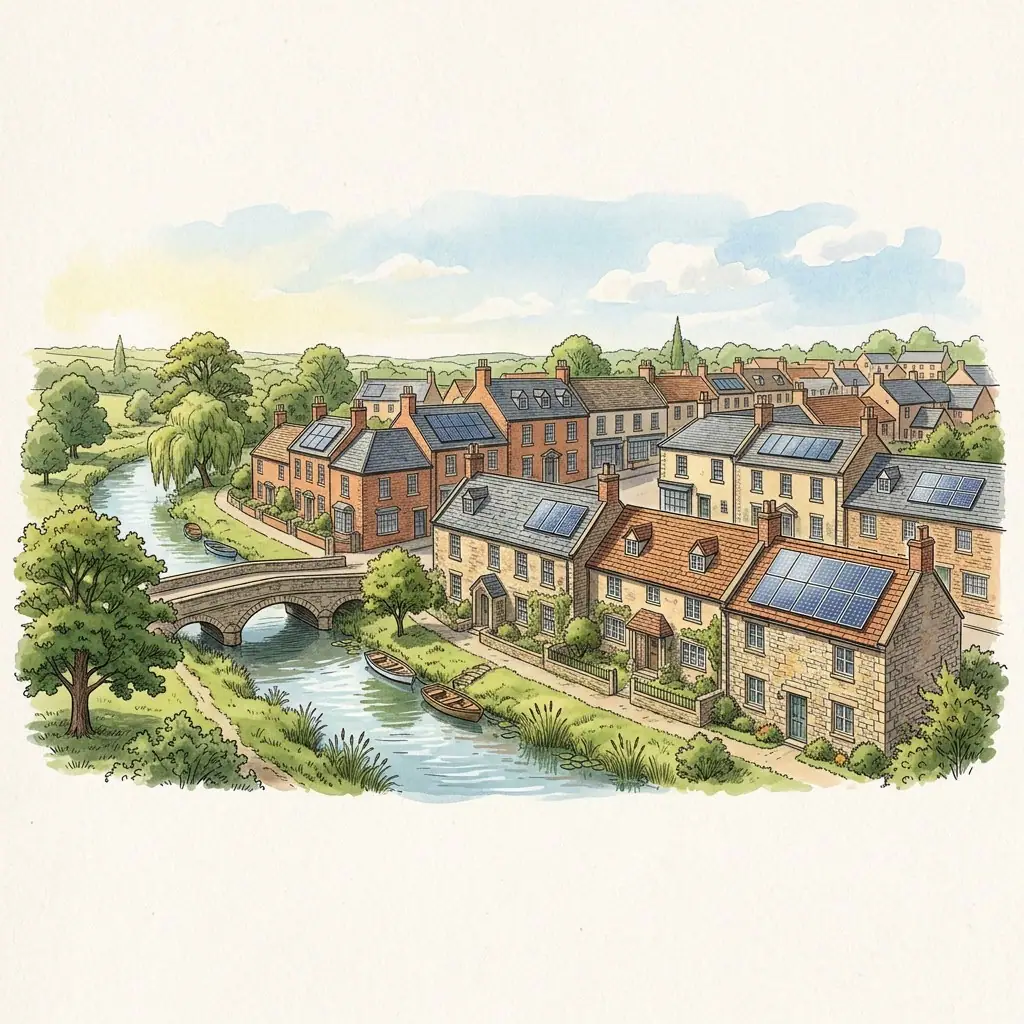 Illustration of stone and brick houses with solar panels along a river with a stone arched bridge and small boats, set in a framed watercolour vignette