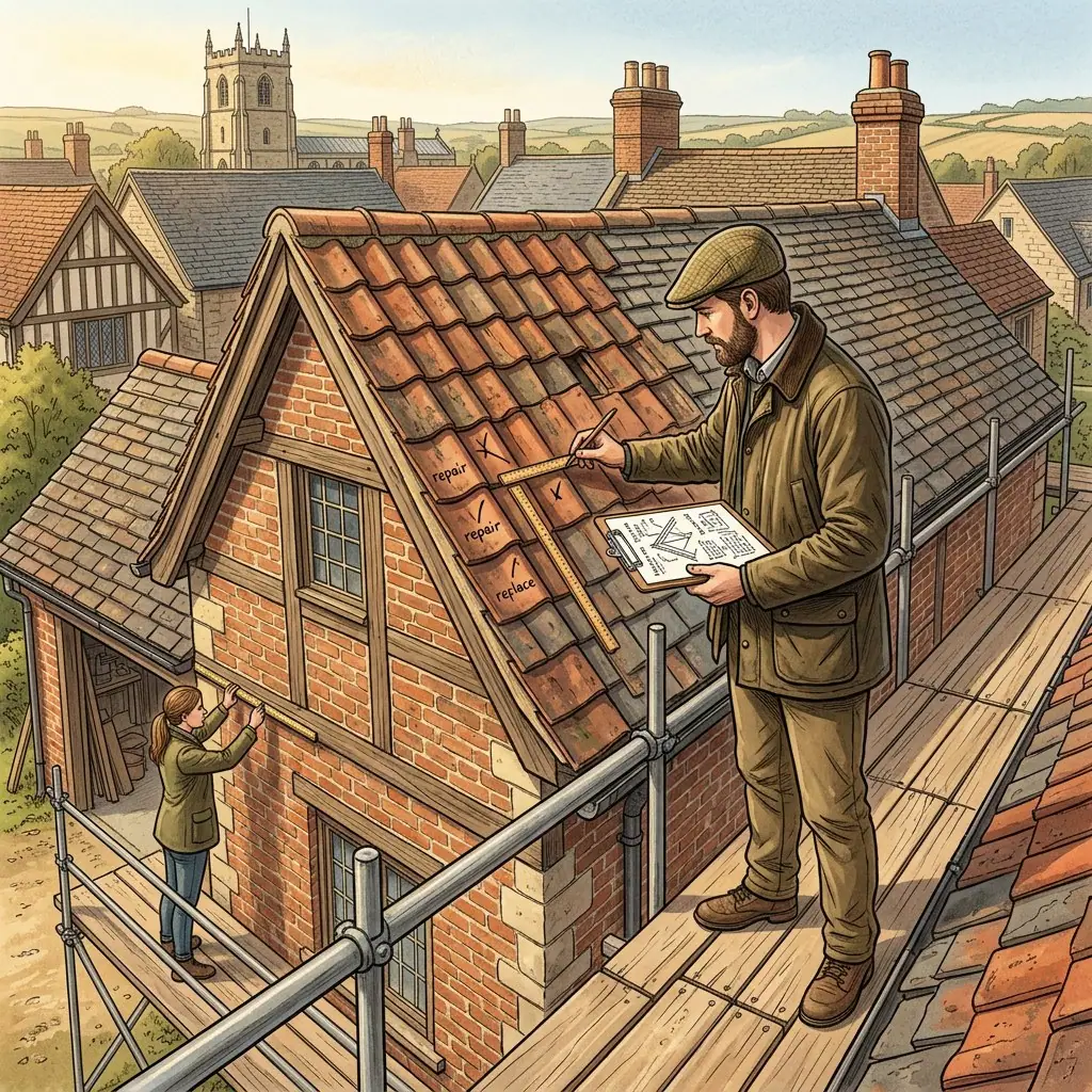 Illustration of a surveyor in a flat cap on scaffolding marking worn roof tiles as repair or replace, with a colleague measuring below and a church tower beyond