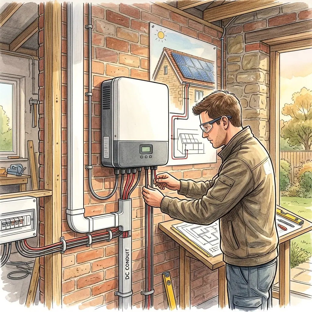 Illustration of a man in safety glasses connecting cables to a wall mounted inverter beside a consumer unit, with a poster of a solar roof diagram behind