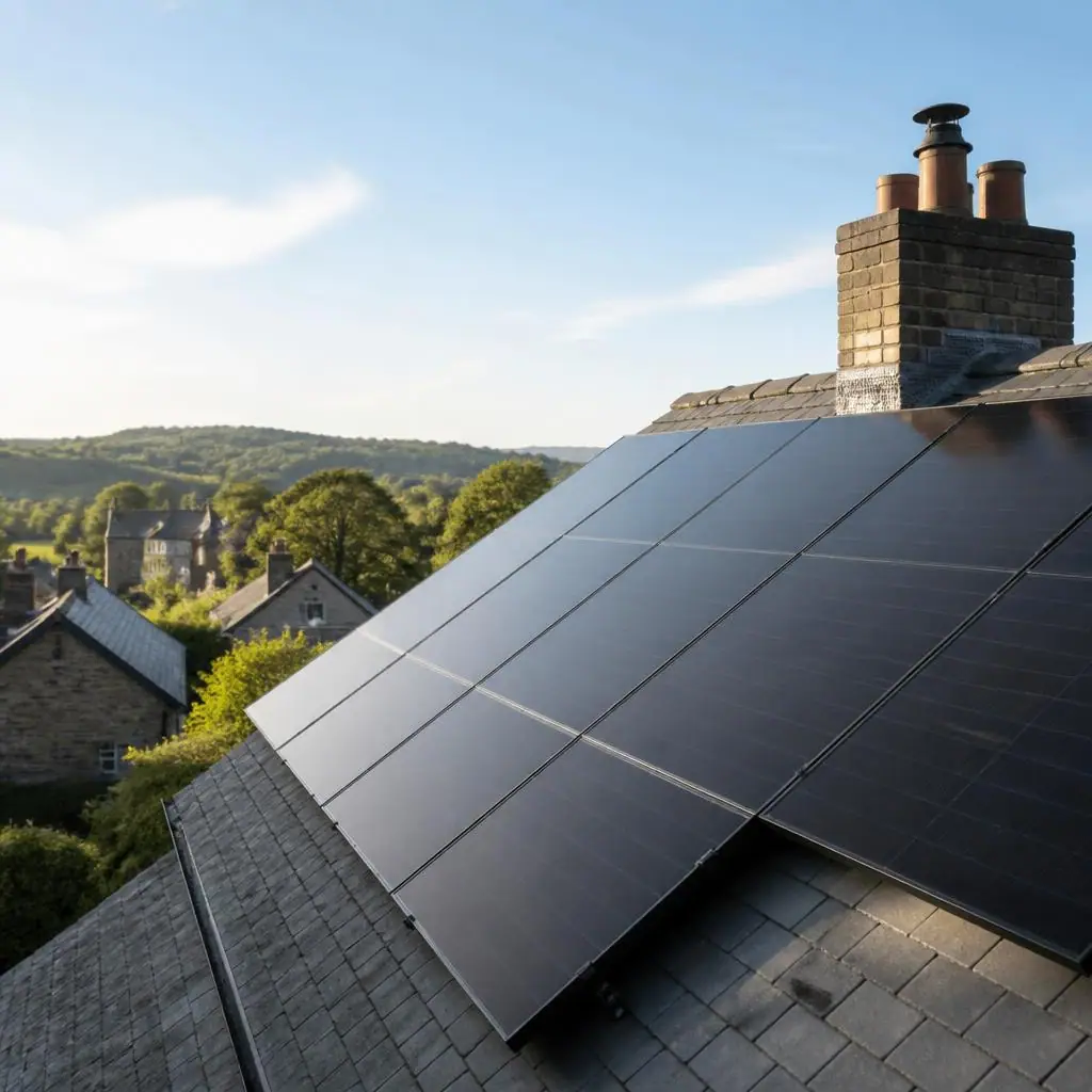 Solar panels being carefully fitted to a pitched roof
