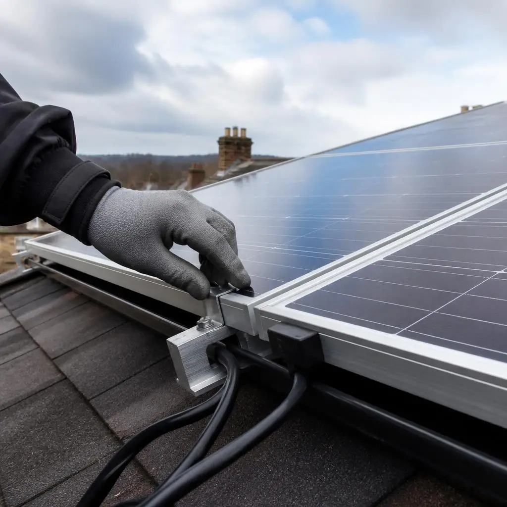 Close inspection of a solar panel frame and electrical connection